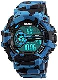 Fanmis Men's Digital LED Sports Watch Waterproof Electronic Casual Military Wrist Camouflage Blue Strap Boys Watch With Silicone Band Luminous Army Watches