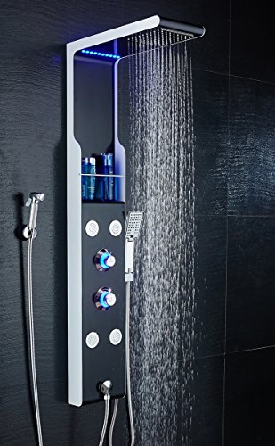 ELLO&ALLO Stainless Steel Shower Panel Tower System LED Rainfall Waterfall Shower Head 5-Function Faucet Rain Massage System with Body Jets Black and Silve