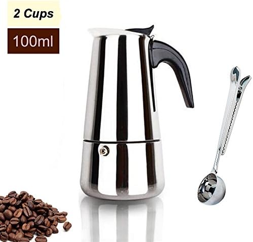 2 Cup/100ml Stainless Steel Moka Italian Espresso Latte Percolator Stove Top Coffee Maker Pot with Bonus Scoop. Durable,Elegant,Makes Perfect Coffee, Easy Clean Up! Silver
