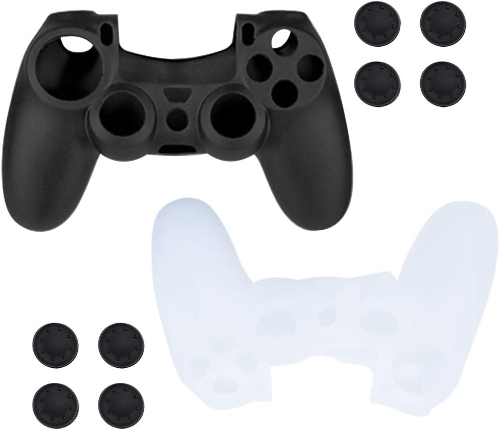 Replacement with PS4 Controller Silicone Skins - DualShock 4 Covers Anti-Slip Thumb Grip Protector Skin Case Set for Sony PS4, PS4 Slim, PS4 Pro - (Silicone Skins x 2 + 4 Pairs PS4 Thumb Grips)