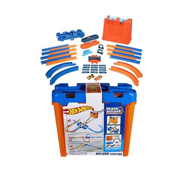 Hot Wheels Bahn Track Builder, Autorennbahn Bauset für Hot Wheels Autos, inkl. 2 Spielzeugautos, Spurwechsler, steile Kurven, Crashzone, Auto Spielzeug, Spielzeug ab 4 Jahre, GGP93