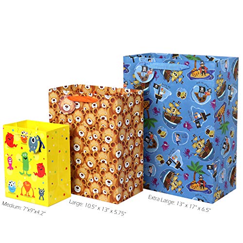 Fzopo Kids Birthday Gift Bag Assortment, Heavy Duty Paper Gift Bags, Red, Blue, Purple, Yellow, Brown (Pack of 12 Small, Medium, Extra Large Bags for Birthdays, Kid Party, Children's Day) - Thumbnail 5