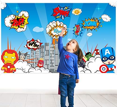 Ticiaga Superhero Cityscape Photography Backdrop with 6pcs DIY Studio Photo Booth Props Kit, Superhero Background Banner for Kids Birthday, Party Event Decoration Supplies