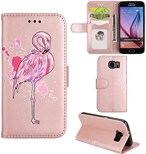 Aipyy Galaxy S6 Case,S6 Cases,[Card Slots] Wallet Folio Style PU Leather Glitter Powder Flamingo Emboss Flip Case Kickstand Cover &amp; Magnetic Closure for Samsung Galaxy S6 [Rose Gold]