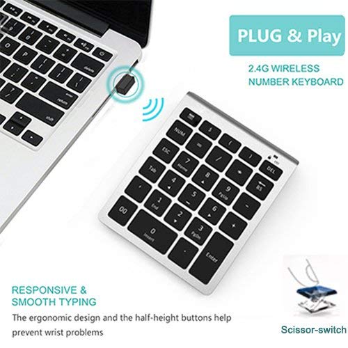 Wireless Number Pad, Lekvey Numeric Keypad : 28 Keys Multi-Function Numpad Keyboard with 2.4G Mini USB Receiver for Laptop Desktop PC Computer Notebook, Surface pro, Windows etc - Silver - Thumbnail 7