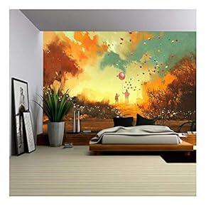 Illustration - Boy and Magician Holding Balloon Standng on a Path of Fantasy Land,Illustration - Removable Wall Mural | Self-Adhesive Large Wallpaper - 66x96 inches