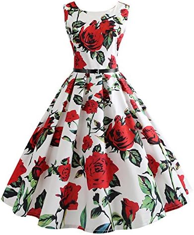 Memefood Vintage Dress, Women Rose Print 1950s Retro Dress Sleeveless Plus Size A-Line Swing Dress Party Bridesmaid Wedding