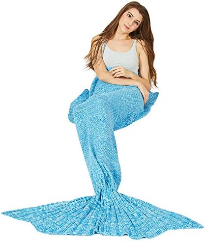 Y-stop Mermaid Tail Blanket with Scale Knit Crochet for adult Kids Girls, Super Warm Soft All Seasons Sleeping Blankets 6 Styles (Length-71", Normal-Light blue)