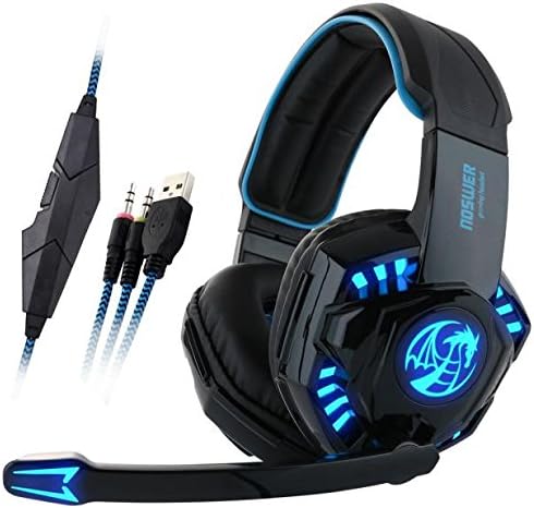 Gaming Headset, Lary intel Wire Headphone Clear Sound LED Light Hheadsets with Microphone Volume Control for PC Smartphone Gaming MSN Skype - Black and Blue