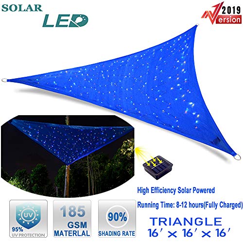 Hsuner Sun Shade Sail 16' x 16' x 16' Awnings for Patio Cover with Waterproof Solar Starry Sky Fairy Lights for Triangle Canopy UV Block Outdoor and Wine Party(Colored Lights)