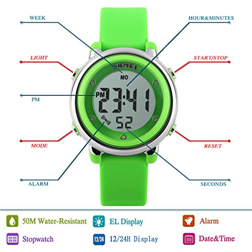 Kids Girls Boys Watches Timer with Alarm Stopwatch 7 colorful luminous Date Day (for Age 4-12, Green) - Thumbnail 5