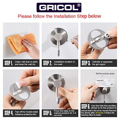 Gricol Towel Coat Robe Hook Self Adhesive Wall Hook No Damage No Drills, 304 Stainless Steel Brushed Finish, 2 Pack