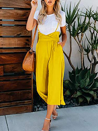 Imysty Womens Spaghetti Strap Jumpsuits Wide Leg Backless Overall Romper Pants with Pockets Yellow