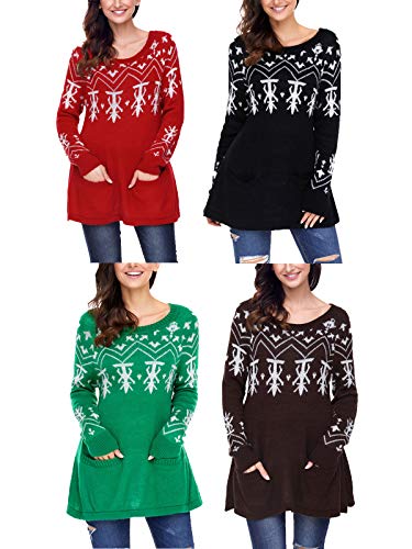 [- Elapsy Womens Knitted Snowflake Crew Neck Christmas Jumpers Sweater Pocket  -]