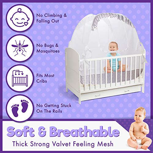 Crib Pop Up Tent - Safety Net Canopy to Protect Your Baby from Crib Rails, Falls and Mosquito Bites - See Through Mesh w/Decorative Border - Sturdy - Unisex - Bonus Set of 2 Bibs with Teething Corner - Thumbnail 3