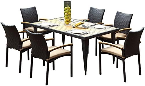 Amazon Com Secortile 7 Piece Wicker Outdoor Furniture Natural Teakwood Patio Dining Set Rectangular Table 6 Wicker Chairs Sunbrella Seat Cushions Kitchen Dining
