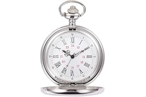 Lveal Smooth Metal Case Vintage Pocket Watch Classic Steel Men Quartz Watch Womens Watch 24H Military Markers Modern Pocket W