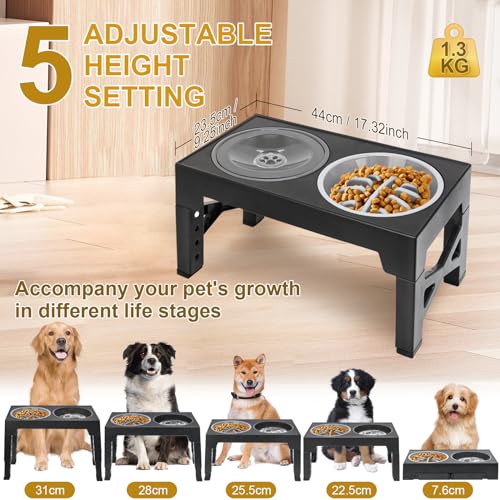 Polegas 3-in-1 Upgraded Raised Dog Bowl with Stand Elevated Dog Bowl with Slow Feeder,Non-Spill Slow Water and Stainless Steel Bowls 5 Height Adjustable dog food stand for Small Medium Large Sized Dog