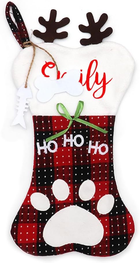 Stockings & Holders - Yopicks Personalized Name Christmas Stockings, 18” Large Cute Bone Design Buffalo Plaid Thick Custom Christmas Stockings for Puppy Dogs Family Kids, Fireplace Ornaments (1 pcs)