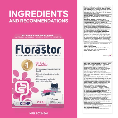 Florastor Kids - Saccharomyces Boulardii CNCM I-745 - Daily All in One Probiotic - Supports Gut Health & Immune System -The #1 Probiotic in class Wordlwide - For Kids - Fruit punch Flavor - 30 sticks