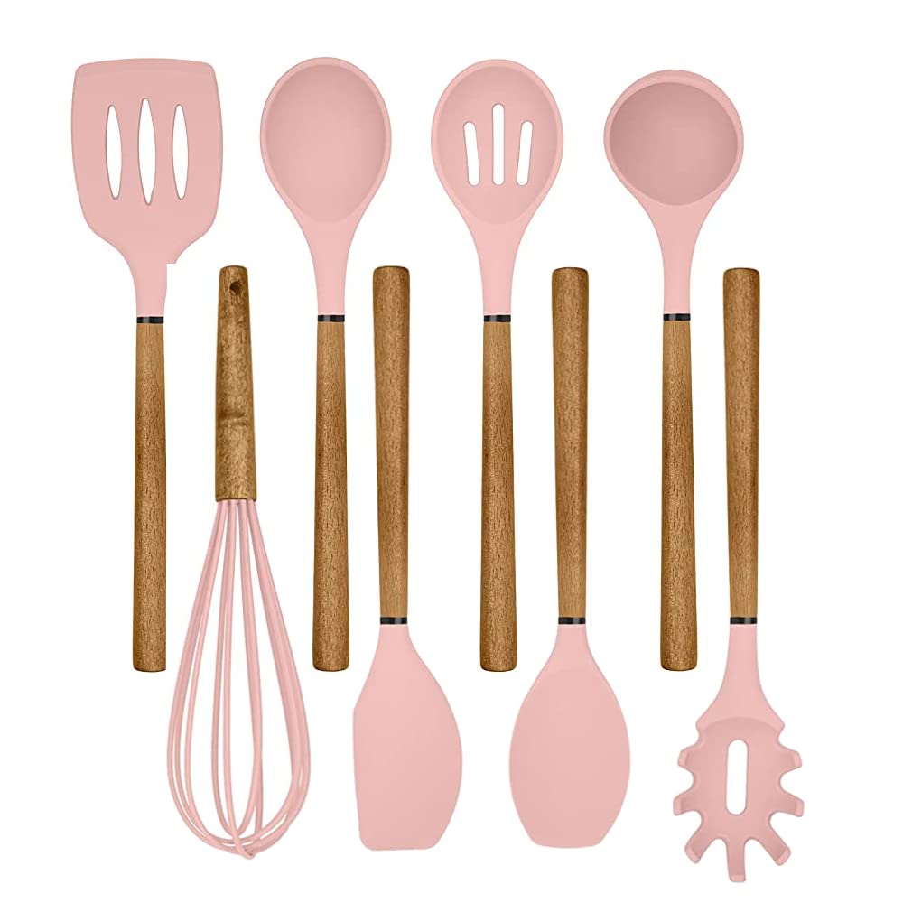 Country Kitchen Non Stick Silicone Utensil Set with Rounded Wood Handles for Cooking and Baking, 8 Piece Set, Pink Image