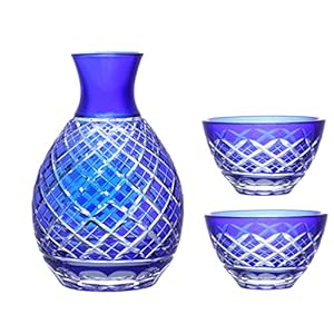 J-kitchens 郷愁 切子 グラス カップ 日本酒 酒器 (徳利 1 盃 2 セット) 菱紋 ブルー Current Model