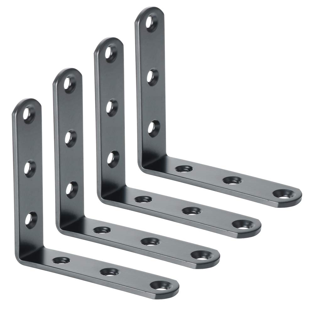 Sayayo Shelf Bracket Corner Brace Joint Angle Bracket Shelf Support Wall Hanging 80mm*80mm, Stainless Steel Matte Black, 4 Pcs, EJM80B-4P