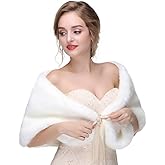 Ursumy Women's Wedding Shawl Faux Fur Wraps Bridal Fur Stole Fur Scarf with Rhinestones Brooch for Bride and Bridesmaids (White)