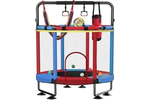JO BULIDERSHRS Trampoline for Kids, Upgrade Full Anti-Rust 440lbs Indoor Outdoor Toddler Trampoline with Net, 55" Adjustable Baby Toddler Trampolines Accessories with 8 Toys Dart Board