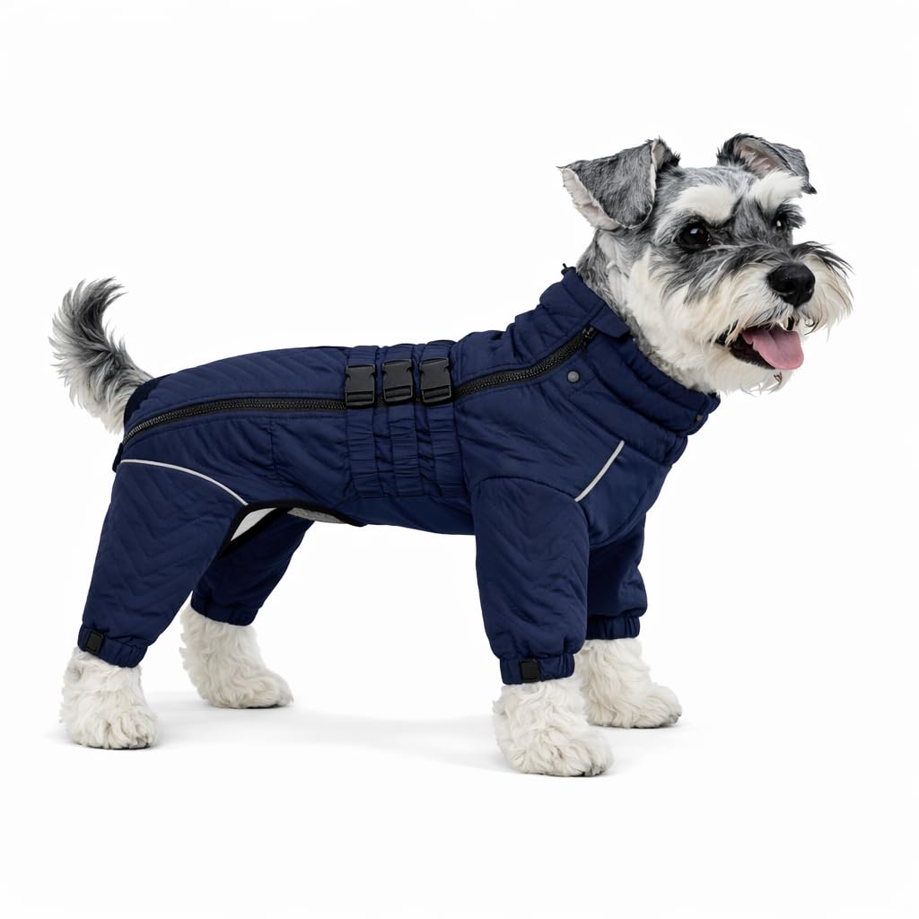Warm Dog Coat Double Layers Vest, 4 Legs Covered Windproof Waterproof Reflective Warm Dog Vest Outdoor Wear, Small to Large, Navy Blue