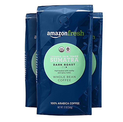 Amazon Fresh Organic Fair Trade Sumatra Whole Bean Coffee, Dark Roast, 12 Ounce (Pack of 3)