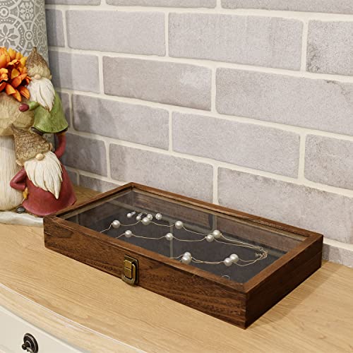 MOOCA Wooden Jewelry display case with Tempered Glass Top Lid, Brown