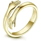 GULICX 925 Sterling Silver Hug Rings for Women, Adjustable Solid Vintage Silver Thumb Ring, Unisex Resizable Silver Hugging Hands Open Promise Ring Jewelry Hug Hands Mens Rings Couples Wedding Bands
