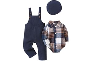 Renotemy Baby Boy Clothes Flannel Plaid Bodysuit+Corduroy Overalls+Beret Hat 3Pcs Fall Winter Outfits for 3-24 Months Boys