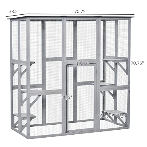 PawHut Outdoor Catio Cat Enclosure, Large Weatherproof Cat House with Asphalt Roof, 6 Jumping Platforms, Wooden Walk-in Kitty Cage for Multiple Kittens, 71" x 39" x 71", Grey