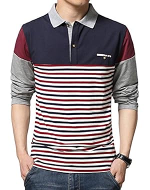 Men’s Polo Shirt Striped Contrast Color Long Sleeve Cotton T Shirt Top