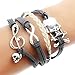 Godagoda Grey Velvet Artificial Leather Love Heart Friendship Bracelet with Hallowmas Skull Musical Note Charms