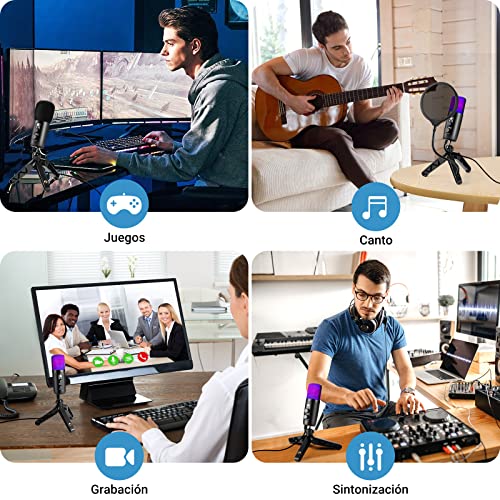 Micrófono Condensador USB+Tipo C, Micrófono de Computadora RGB con Filtro Pop y Trípode Adecuado para Windows, Mac OS, Linux, PC, Micrófono Multifuncional para Podcasts, Videoblog, Gaming, Streaming