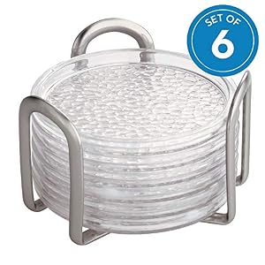 Image of iDesign Rain Stainless Steel Drink Coasters with Holder for Home Counters, Kitchen, Dining Room, Living Room, Patio, Coffee Table, Set of 6, Clear