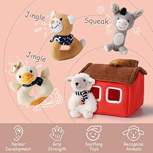 iPlay, iLearn Plush Baby Rattle Toys, Newborn Soft Barn Farm Stuffed Animal Set, Infant Hand Sensory Development, Christmas Girls Boys Stuff, Birthday Shower Gift Basket Stuffer 3 6 9 12 Month 1 Year