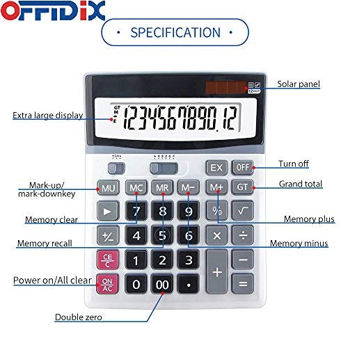 OFFIDIX Large Key Calculators Office Desktop Calculator, Dual Power