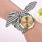 Malltop Elegant Women Floral Stripe Cloth Bracelet Mineral Glass Dial Window Quartz Analog Wrist Watch (Black)