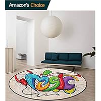 RUGSMAT Music Art Deco Pattern Non-Slip Backing Round Area Rug,Illustration of Graffiti Style Lettering Headphones Hip Hop Theme On Beige Bricks Study Super Soft Carpet,Diameter-47 Inch