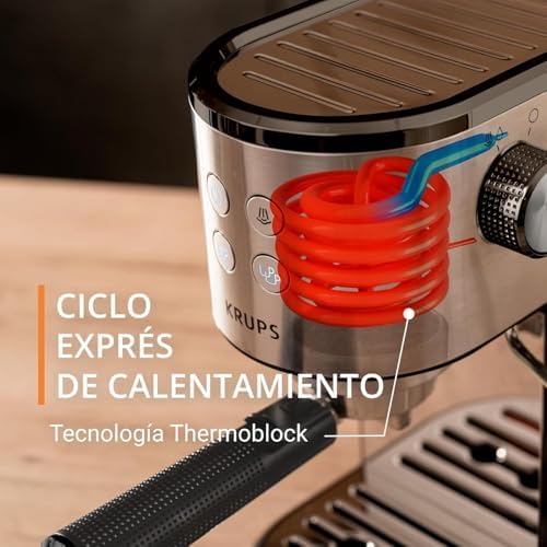 Virtuoso Essential - Cafetera espresso 15 bar, acero inox negro, diseño compacto y elegante, parada automática, espresso y cappuccino, Thermoblock, boquilla de vapor, incluye cuchara, XP4418