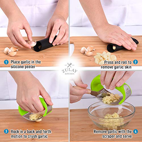 Zulay Stainless Steel Garlic Press Rocker Set Premium Garlic Mincer With Silicone Peeler
