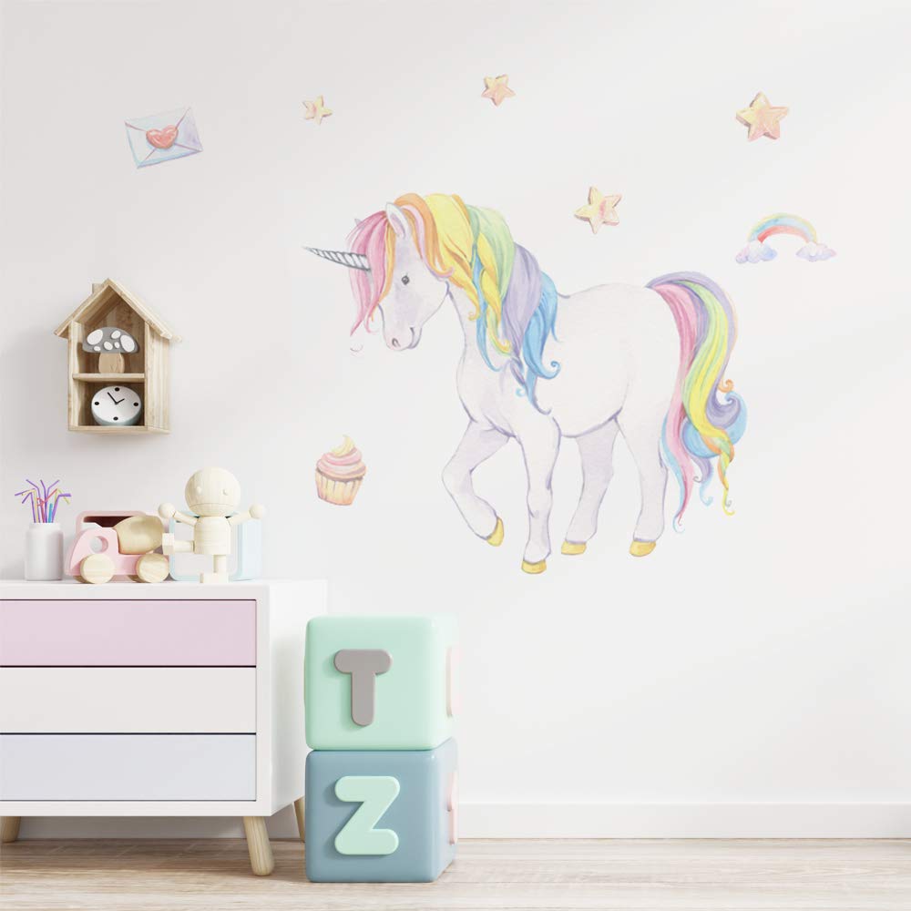 Alwayspon Kids/Girls Room Cute Unicorn Wall Sticker, Removable Watercolor Wall Decals, Peel and Stick Wall Art Murals for Home Nursery Decoration Living Room Decor