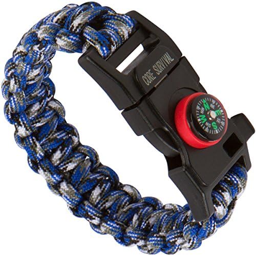Core Survival Paracord Survival Bracelet - Hiking Multi Tool, Emergency Whistle, Compass for Hiking, Camp Fire Starter 5-in1 Set (Blue Camo, 9.75" Medium)