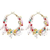 LongcreekX Beaded Pearl Cluster Huggie Earrings, Zinc, White, 45mm, Hypoallergenic