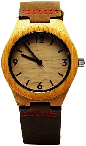 Handmade Wooden Watch Made with Natural Bamboo Wood in Brown Leather Strap with Red Stitching - HGW-154
