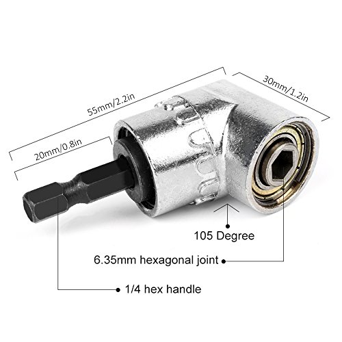 105 Degree Multifunction Right Steel Angle Driver Angle Extension Power Screwdriver Drill with 1/4inch Drive 6mm Hex Quick Change Magnetic Drill Bit Angled Bit Power Drill Tool